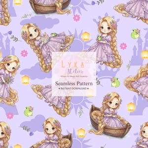 Princess Seamless Pattern, Fairytale Braided Hair Lantern Nursery Background, Kids Digital Paper (Digital Download)