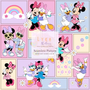 May include: A seamless pattern with Minnie Mouse and Daisy Duck in different poses, wearing sunglasses and holding ice cream. The design includes rainbows, flowers, and the text "Seamless Pattern - INSTANT DOWNLOAD" in a patchwork style with pastel colours.