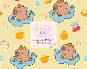 Capybara Seamless Pattern, Pastel Kawaii Animal Repeat Background, Kids Fabric Print, Scrapbook Printable.