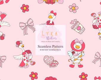 May include: Seamless pattern featuring cartoon geese with bows, hearts, and flowers on a pink background. The geese are holding baskets, bouquets, and coffee cups. The text "LYKA Atelier" and "Seamless Pattern" are also visible.