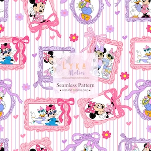May include: A repeating pattern with Minnie Mouse and Daisy Duck in pink and purple frames, decorated with bows and flowers. The design includes vertical stripes, hearts, and the text "Seamless Pattern" and "INSTANT DOWNLOAD."