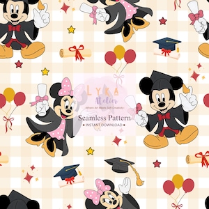 May include: A repeating pattern with Mickey and Minnie Mouse celebrating graduation. The design includes graduation caps, scrolls, balloons, and stars on a light yellow plaid background. The text "Seamless Pattern" and "Instant Download" are also present.