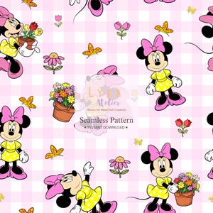 May include: Seamless pattern featuring Minnie Mouse in a yellow dress with pink polka dots and a matching bow. The design includes flowers, butterflies, and the text "Seamless Pattern" and "Instant Download" on a pink gingham background.