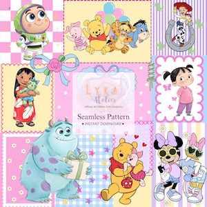 Patrón de patchwork infantil de dibujos animados sin costuras, fondo de álbum de recortes a cuadros pastel, papel digital para guardería (descarga digital)
