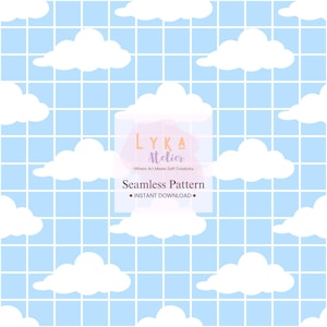 Könnte beinhalten: Nahtloses Muster mit weißen Wolken auf hellblauem Gitterhintergrund. Das Design enthält den Text "LYKA Atelier" und "Seamless Pattern - Instant Download."