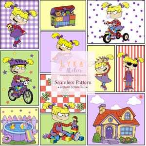 Puede incluir: Un patrón sin costuras con un personaje de dibujos animados en varias escenas. Las escenas incluyen al personaje con un oso de peluche, montando en triciclo y jugando con juguetes. El patrón también incluye una casa y una piscina.