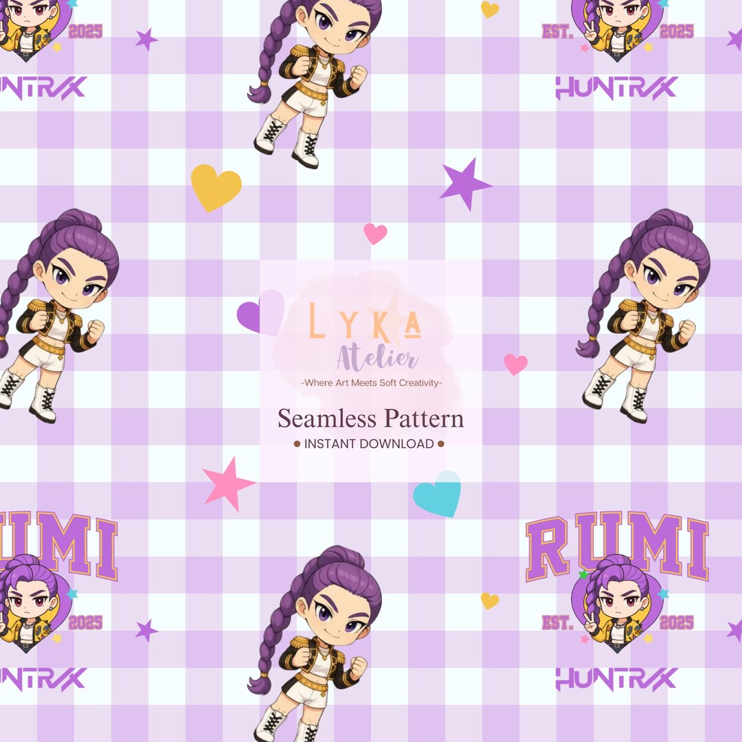 Rumi Ryu Patterns Rumi Huntrix Kpop Chibi Seamless Pattern, Purple Gingham Digital Paper ...