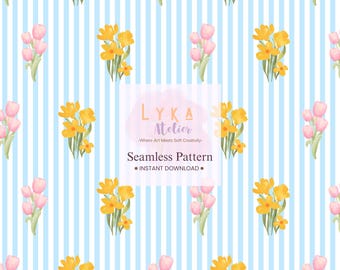 Floral Stripe Seamless Pattern, Watercolor Flower Bouquet, Nursery Wallpaper (Digital Download)