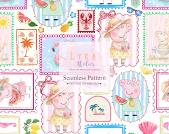 Pig Beach Seamless Pattern, Summer Cartoon Digital Paper, Nursery Background (Digital Download)