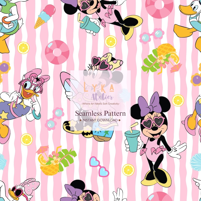 Summer Cartoon Girl Seamless Pattern, Pink Stripe Digital Paper, Kids Fabric Print (Digital Download)
