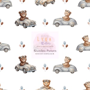 May include: A watercolour seamless pattern featuring teddy bears driving vintage cars in brown and grey. The design includes balloons and the text "LYKA Atelier Seamless Pattern - INSTANT DOWNLOAD".