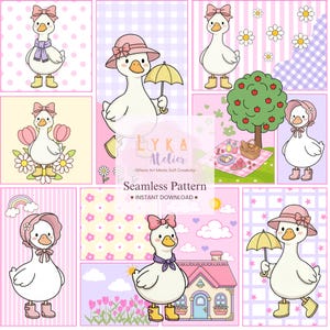 Op de afbeelding: Een naadloos patroonontwerp met cartoonganzen in verschillende poses, met strikken, hoeden en laarzen. De illustraties zijn geplaatst tegen roze en paarse achtergronden met bloemen- en ruitpatronen. De tekst "Seamless Pattern - INSTANT DOWNLOAD" is ook opgenomen.