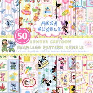 Pode incluir: Um pacote de arte digital com 50 padrões sem costura com tema de verão. Os designs incluem personagens de desenhos animados, elementos florais e cenas de praia em vários esquemas de cores. O texto diz "MEGA BUNDLE" e "SUMMER CARTOON SEAMLESS PATTERN BUNDLE".
