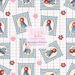 Patrón sin costuras de muñeca princesa, fondo de patchwork a cuadros, tela para guardería (descarga digital)