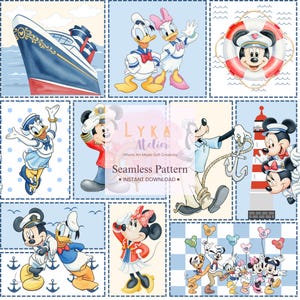 Patrón sin costuras de crucero náutico con ratones, tela de patchwork con dibujos animados de marineros (descarga digital)