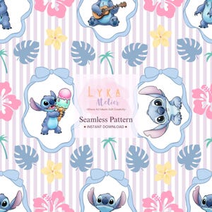 May include: A seamless pattern featuring Stitch from Lilo & Stitch. The design includes Stitch in various poses, along with tropical flowers, leaves, and bows, set against a striped background. The text "LYKA Atelier" and "Seamless Pattern" are also visible.