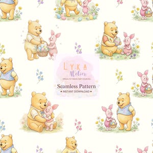 May include: Seamless pattern featuring Winnie the Pooh and Piglet with Easter eggs and baskets. The design includes pastel colors, flowers, and the text "LYKA Atelier" and "Seamless Pattern - INSTANT DOWNLOAD" on a white background.