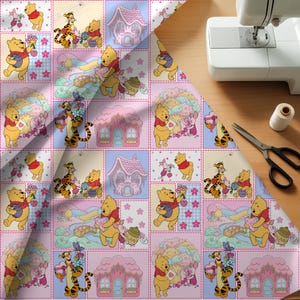 Pink Bear Seamless Pattern, Patchwork Nursery Wallpaper, Cartoon Garden Fabric (Digital Download)