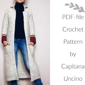 Pdf-file for Crochet PATTERN, Hilla long Jacket, 5 different Sizes: XS-XL, cardigan