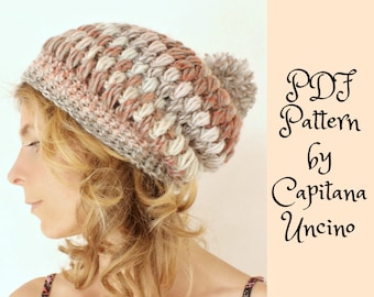 PDF Crochet  PATTERN for Amelia Beanie, 2 Sizes XS-S andM-L, Slouchy, Easy, Puff stitch beanie, with Pompom