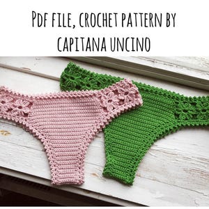 May include: Two crocheted bikini bottoms, one pink and one green, with a floral lace trim. PDF FILE, CROCHET PATTERN BY CAPITANA UNCINO.