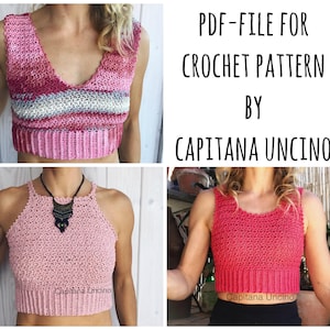 PDF-Datei, 3 Häkelanleitungen, 3 Elsa Häkeloberteile, Größen XS-xL, Cropped Top, alle 3 verschiedene Versionen für Elsa Häkeltop.