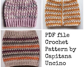 PDF Crochet  PATTERN for Philomena Beanie and Cowl, 4 Sizes XS, S, M, L, beanie with ribbing or without, 3 pattern files