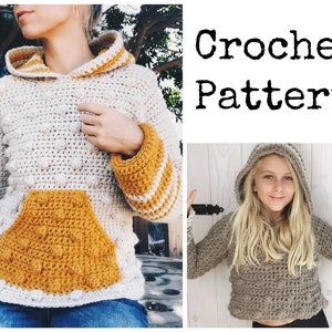 Puede incluir: Patrón de crochet para un suéter con capucha y bolsillo. El suéter está hecho con un punto texturizado y tiene un bolsillo y rayas de color contrastante en las mangas. El patrón está disponible para descargar.