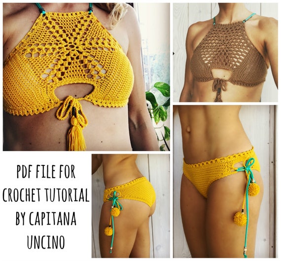 PDF-file for Crochet PATTERN, Sunflower Crochet Bikini Top and Bottom, Sizes XS,S,M,L, Cheeky, Croptop