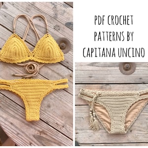 May include: Two crochet bikini sets, one in yellow and one in beige, laid out on a wooden surface. The text "PDF CROCHET PATTERNS BY CAPITANA UNCINO" is displayed above the bikinis.