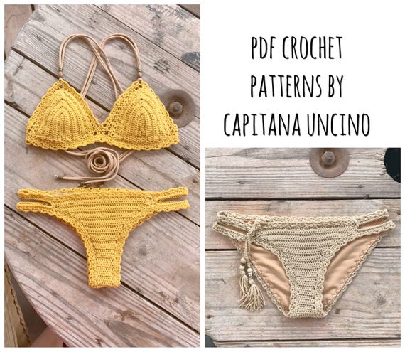 PDF-file for Crochet PATTERN, Marina Crochet Bikini Top and Brazilian Bottom and Basic Bottom, Sizes XS-L, Surfer Bikini, 2 bottoms