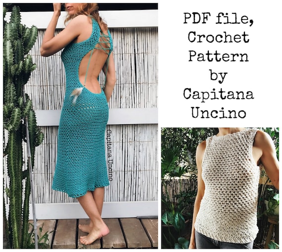PDF-file for Crochet PATTERN Zahara Crochet, open back, Top and Dress Sizes XS,S,M,L,xL
