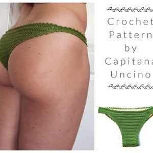 Könnte beinhalten: Grünes Häkel-Bikini-Höschen-Muster von Capitana Uncino. Das Muster ist für ein Häkel-Bikini-Höschen mit hohem Beinausschnitt.