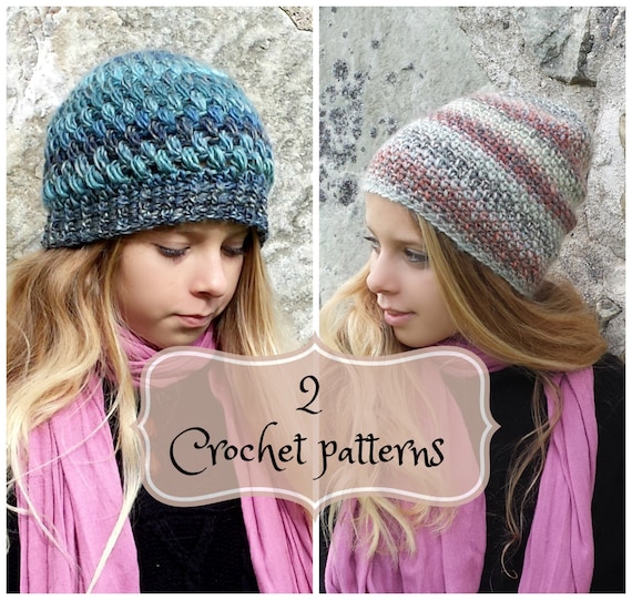 2 PDF-files, Crochet  PATTERNS for Amado Beanie and Amelia beanie, XS-S and M-L, Sloughy Surfer, Puff stitch beanie, pompom
