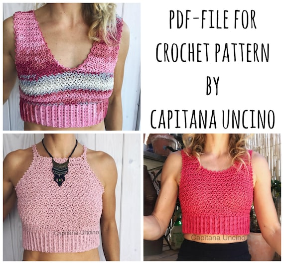 PDF-file, 3 Crochet PATTERNS, 3 Elsa Crochet Tops, Sizes XS-xL, Cropped top, all 3 different versions for Elsa top.