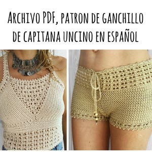 PDF PATRON de Ganchillo para Leyla Top y Los Pantalones cortos con la cintura alta, 2 partes, tallas XS,S,M,L, en español