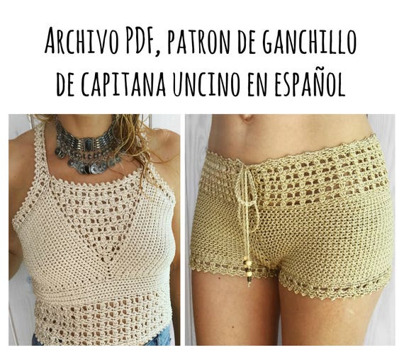 PDF PATRON de Ganchillo para Leyla Top y Los Pantalones cortos con la cintura alta, 2 partes, tallas XS,S,M,L, en español