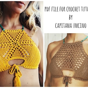 PDF-file for Crochet PATTERN, Sunflower Crochet Bikini Top, Sizes XS,S,M,L, Croptop, with 2 different Hexagon &quot;mandalas&quot;