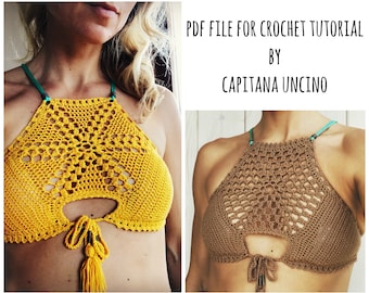 PDF-file for Crochet PATTERN, Sunflower Crochet Bikini Top, Sizes XS,S,M,L, Croptop, with 2 different Hexagon "mandalas"