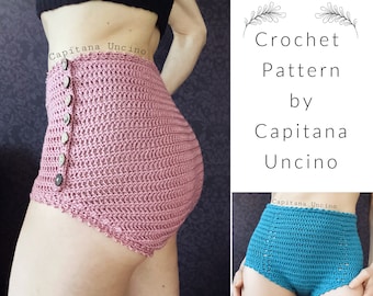 PDF-file for Crochet PATTERN, Yoga Crochet Highwaist Pants, Sizes XS, S, M, L, xL,-xxL, open side with buttons or closed.