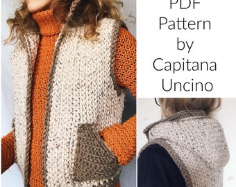 PDF-file for Crochet PATTERN, Lapponia Vest, 5 Sizes, with Hood and Pockets