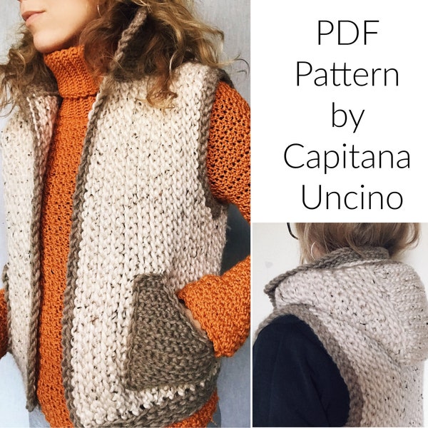 PDF-file for Crochet PATTERN, Lapponia Vest, 5 Sizes, with Hood and Pockets