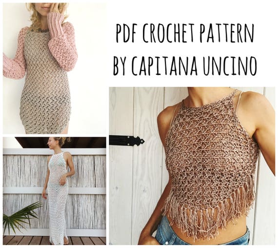 PDF-file for Crochet PATTERN, Minerva Crochet Tunic Dress, 3 different Sizes: xs-xxl, Beach Cover up, top, fringes