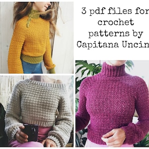 PDF-file for Crochet PATTERN, 3 different Elsa Jumpers/Sweaters, Sizes: XS - xL, 3 patterns>Offshoulder/Poloneck/Poloneck with buttons