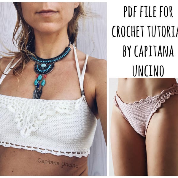 PDF-file for Crochet PATTERN, Liliana Bandeau Top and Cheeky Bottom, Sizes XS-L, Bikini top, Cropped top, with or without ties