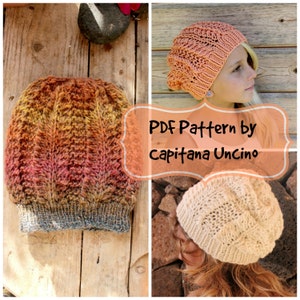 May include: Three knitted hats in different colours and patterns. The hats are made with a stitch that creates a textured look. The hats are on a wooden background. The text "PDF Pattern by Capitana UnCino" is on the image.
