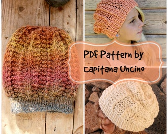 PDF, Knitting  PATTERN for Beanie, 2 Sizes XS-S andM-L, Lace Hat, Slouchy, Easy