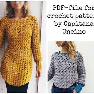 PDF-file for Crochet PATTERN, Minerva Crochet Tunica ,Sweater, Long sleeve Dress, sizes XS-xL, 4 different sizes