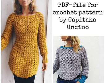 PDF-file for Crochet PATTERN, Minerva Crochet Tunica ,Sweater, Long sleeve Dress, sizes XS-xL, 4 different sizes