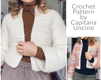 PDF-file for Crochet PATTERN, Naava Jacket, 2 versions, with or without ribbings, sizes XS-xxL, 6 sizes